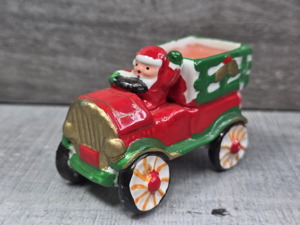 Vintage Hand Painted Ceramic Candle Red Truck 3" Christmas Decor 200a19